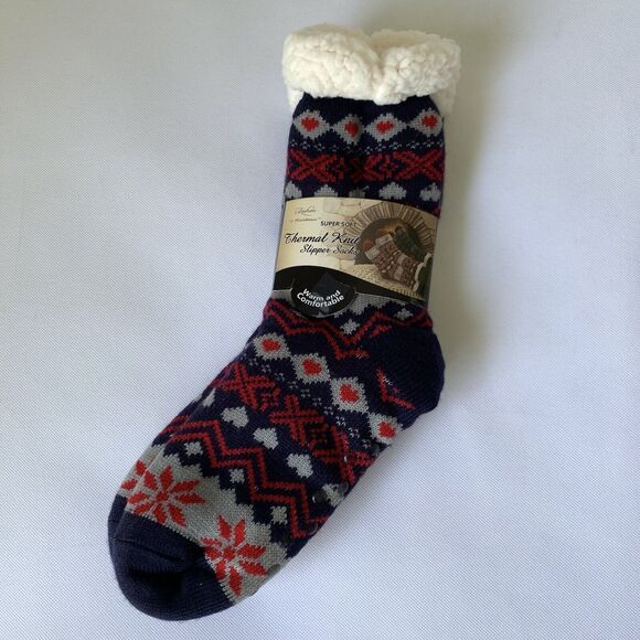 Mirabean Thermal Knit Slipper Sock One Size Blue Red Fleece 4.7 TOG Warm Gripper - Picture 1 of 6